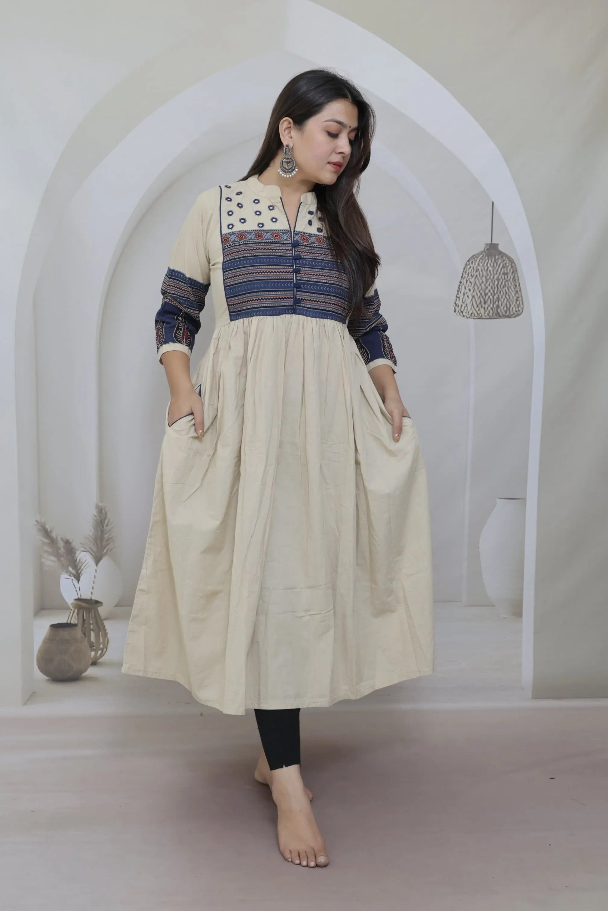 Anika Cream Ajarakh & Mirror Cotton One Piece Kurti RAKHIYO