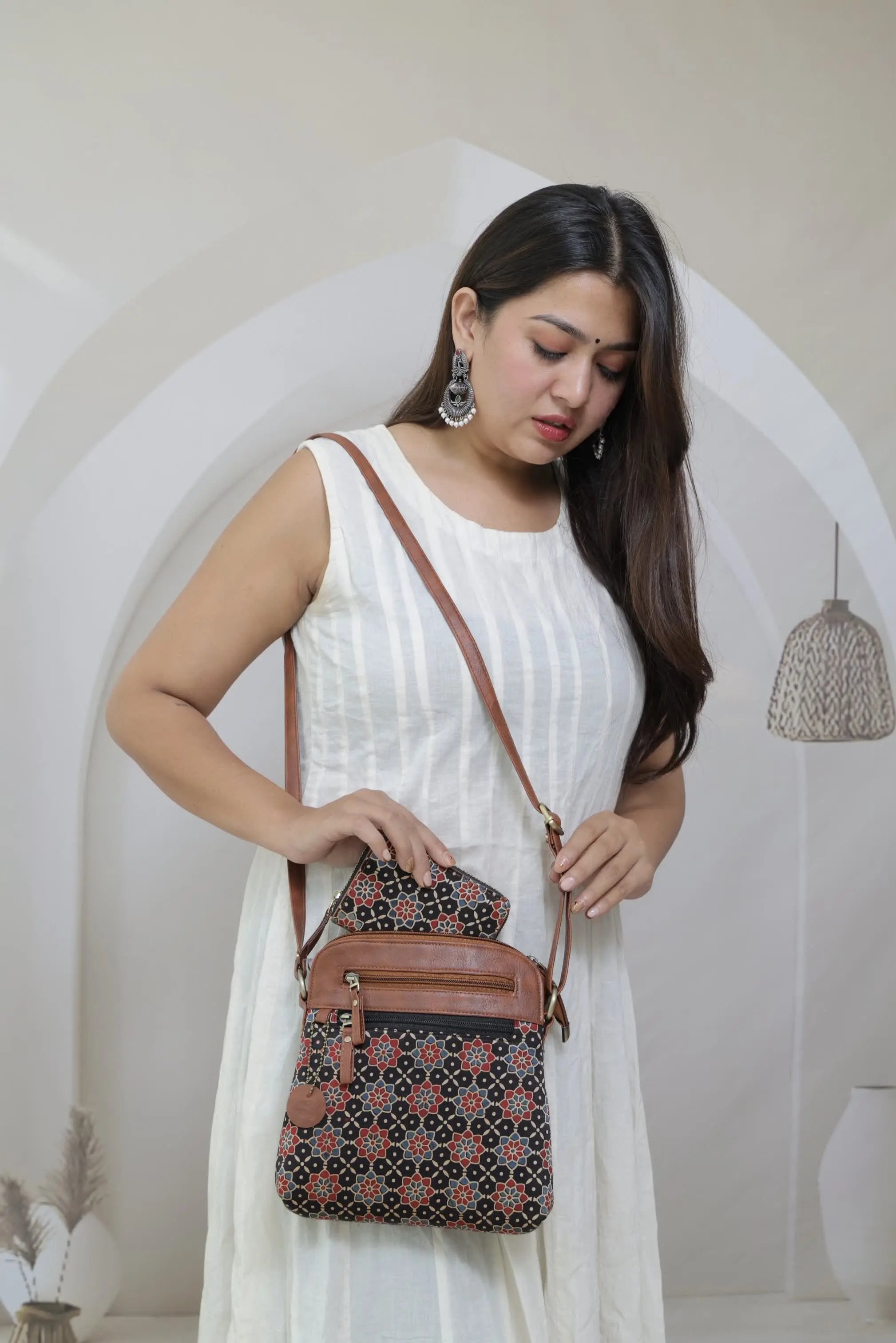 Black Vegan leather Ajarakh Mashroo Sling & Wallet Combo Bag RAKHIYO