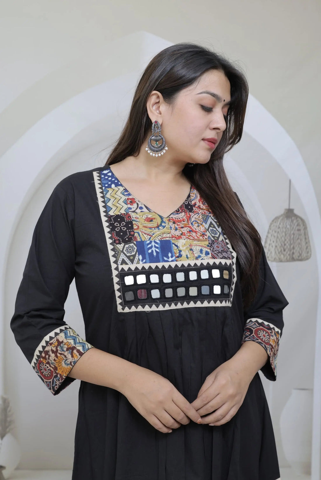 Eva Black Patchwork & Mirrorwork Cotton Kurti/One Piece RAKHIYO