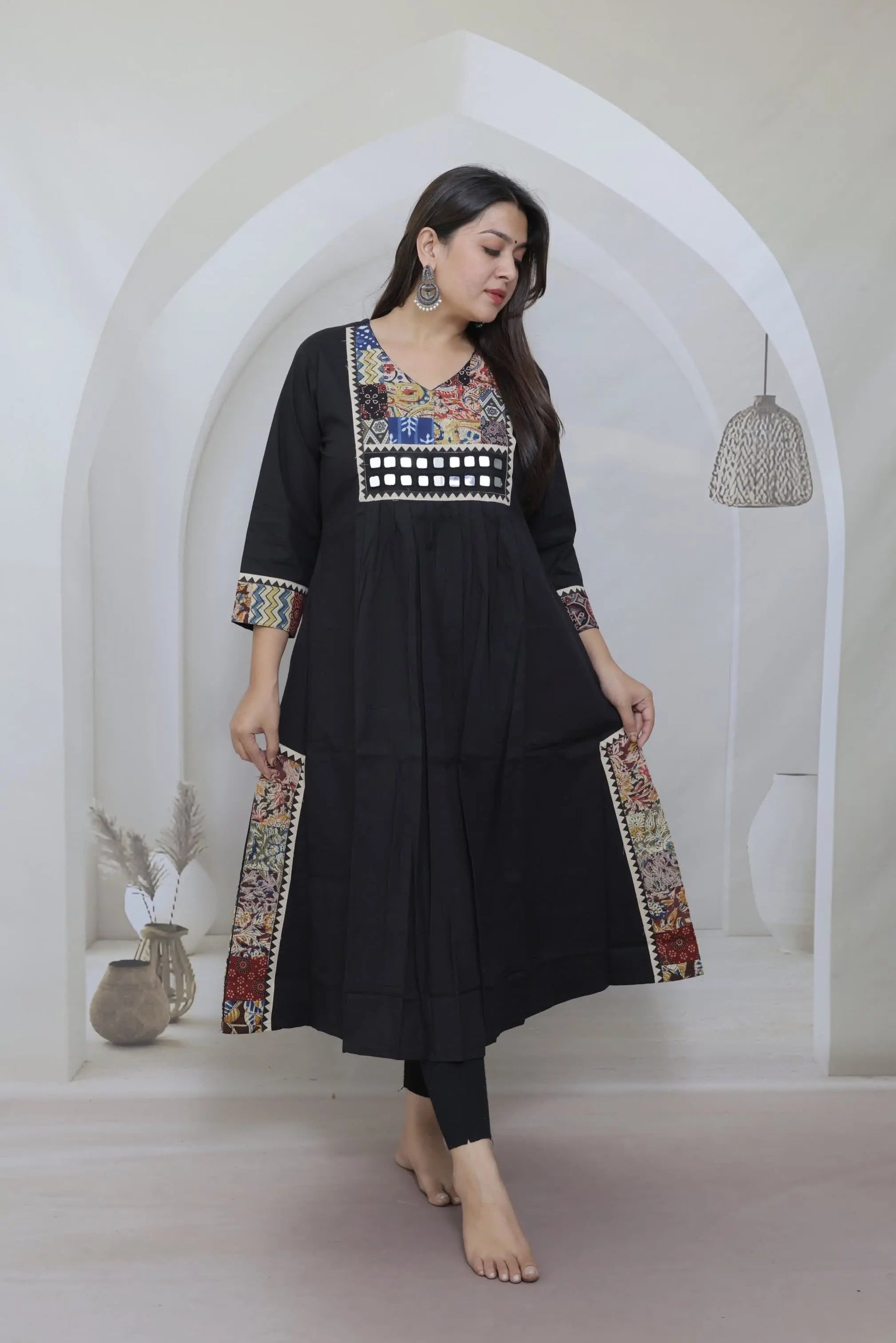 Eva Black Patchwork & Mirrorwork Cotton Kurti/One Piece RAKHIYO