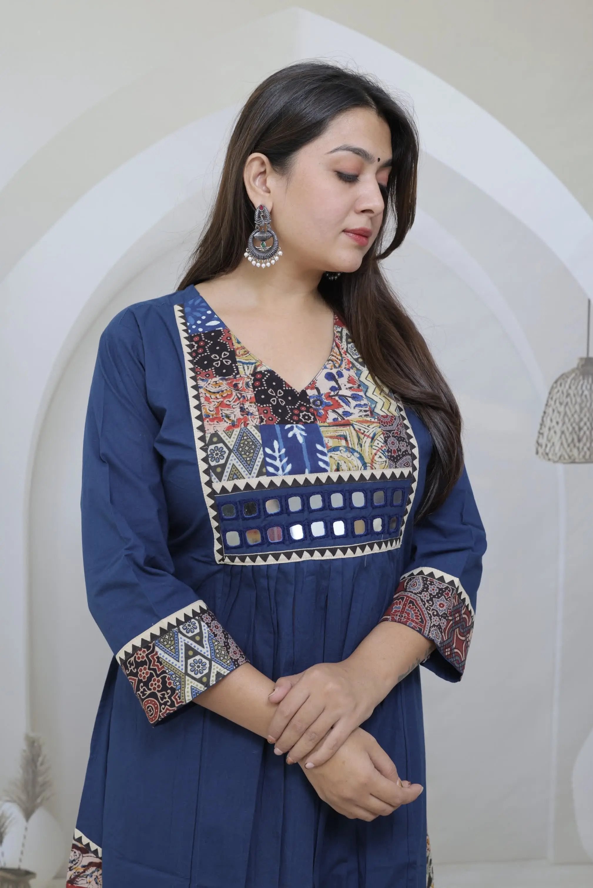 Eva Blue Patchwork & Mirrorwork Cotton Kurti/One Piece RAKHIYO