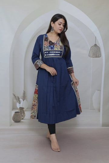 Eva Blue Patchwork & Mirrorwork Cotton Kurti/One Piece RAKHIYO