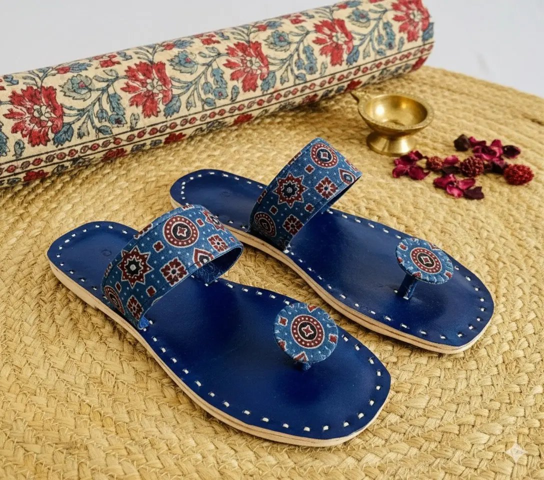 Blue Ajarakh Kutchhi Leather Chappal/Jutti RAKHIYO