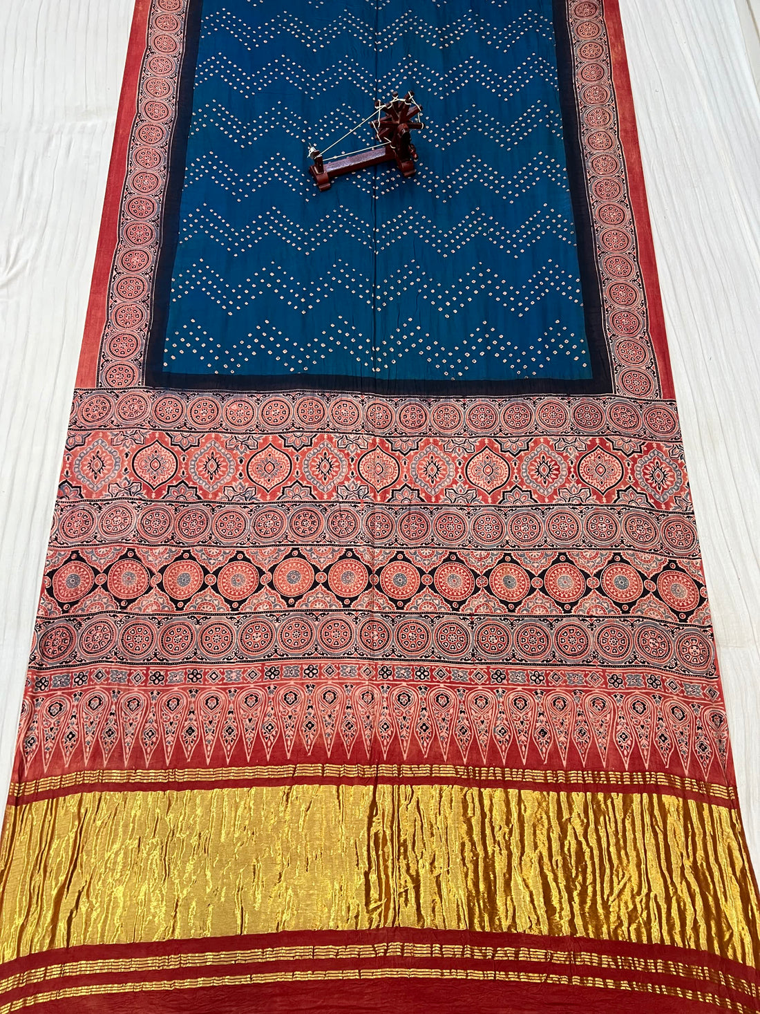 Teal Blue Premium Rai Bandhej Gaji Silk Ajarakh-bandhani Saree RAKHIYO