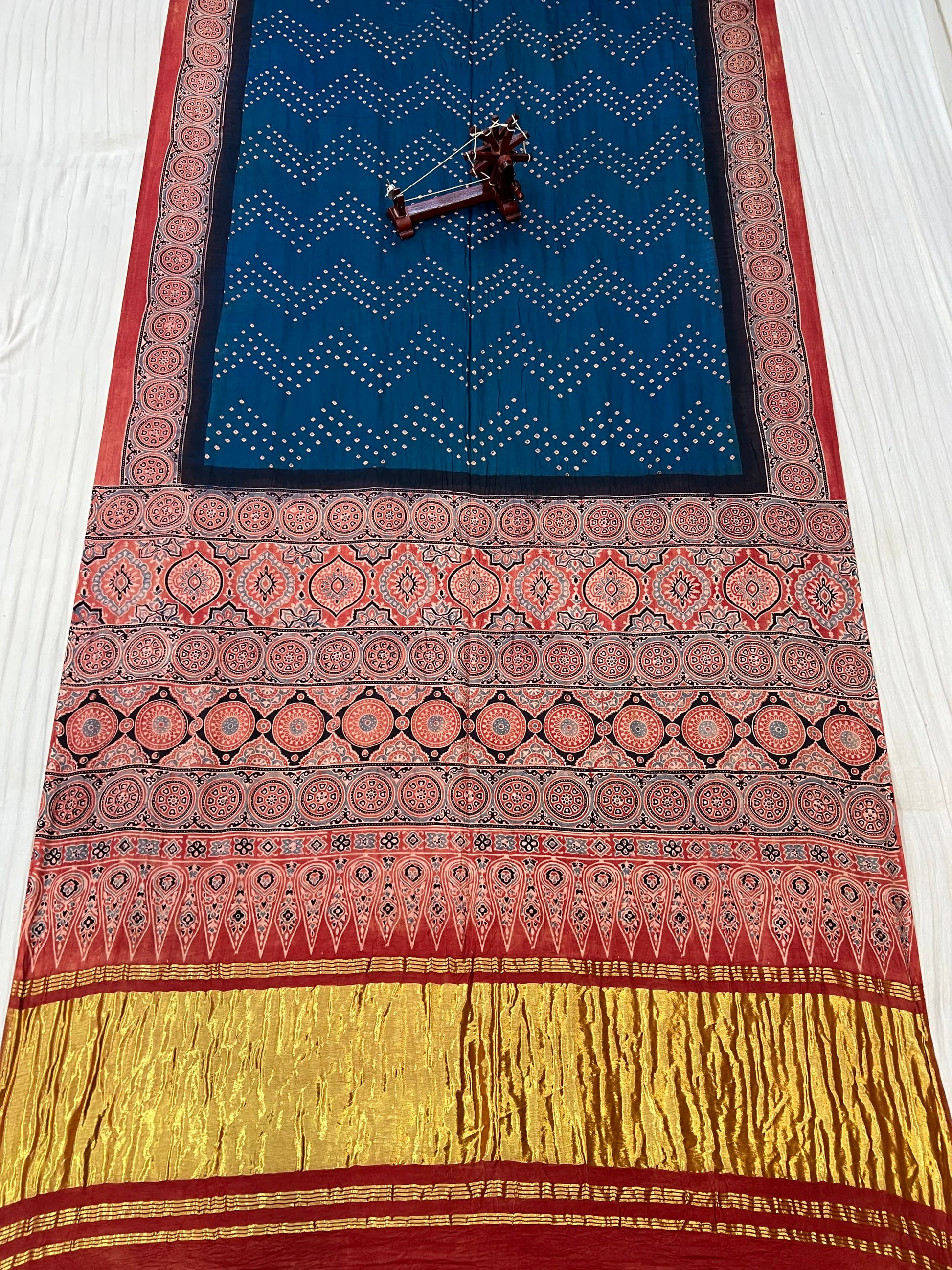 Teal Blue Premium Rai Bandhej Gaji Silk Ajarakh-bandhani Saree RAKHIYO