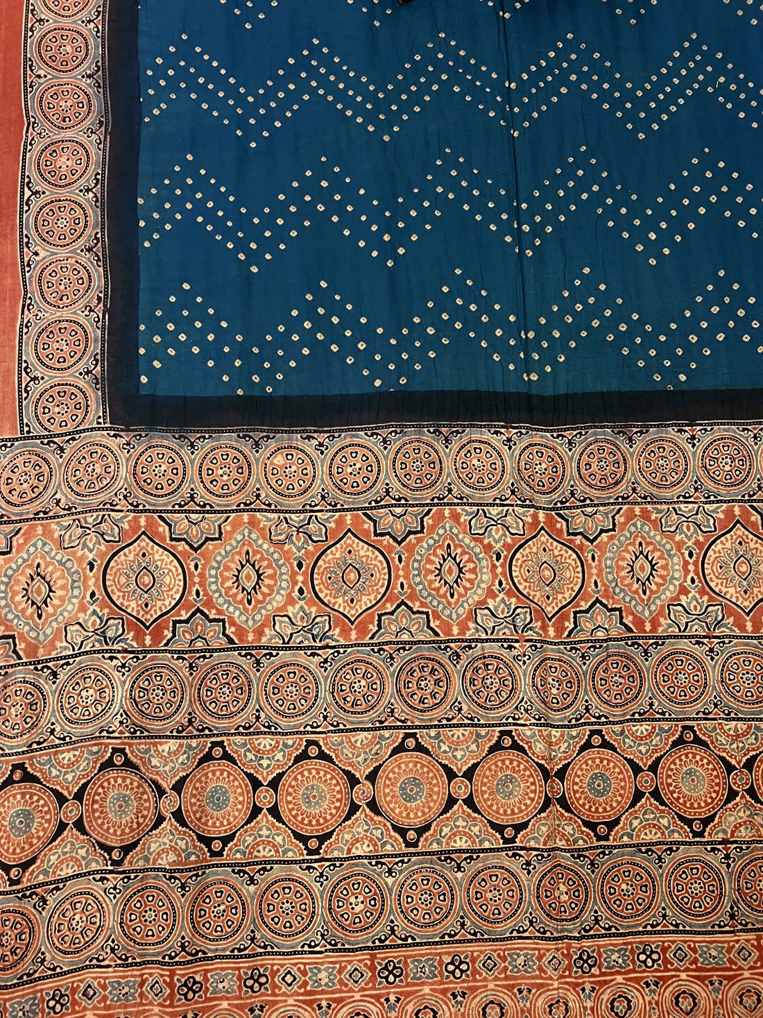 Teal Blue Premium Rai Bandhej Gaji Silk Ajarakh-bandhani Saree RAKHIYO