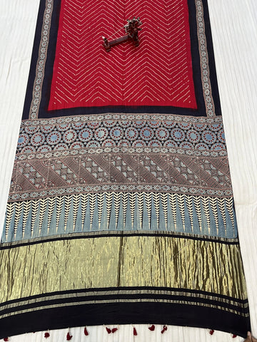 Red Premium Rai Bandhej Gaji Silk Ajarakh-bandhani Saree RAKHIYO