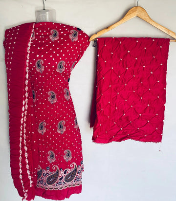 Pink Lakhanavi Buta Bandhani Suit Material RAKHIYO