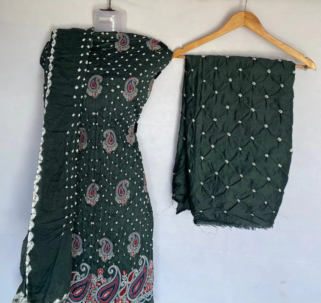 Dark Sea Green Lakhanavi Buta Bandhani Suit Material RAKHIYO