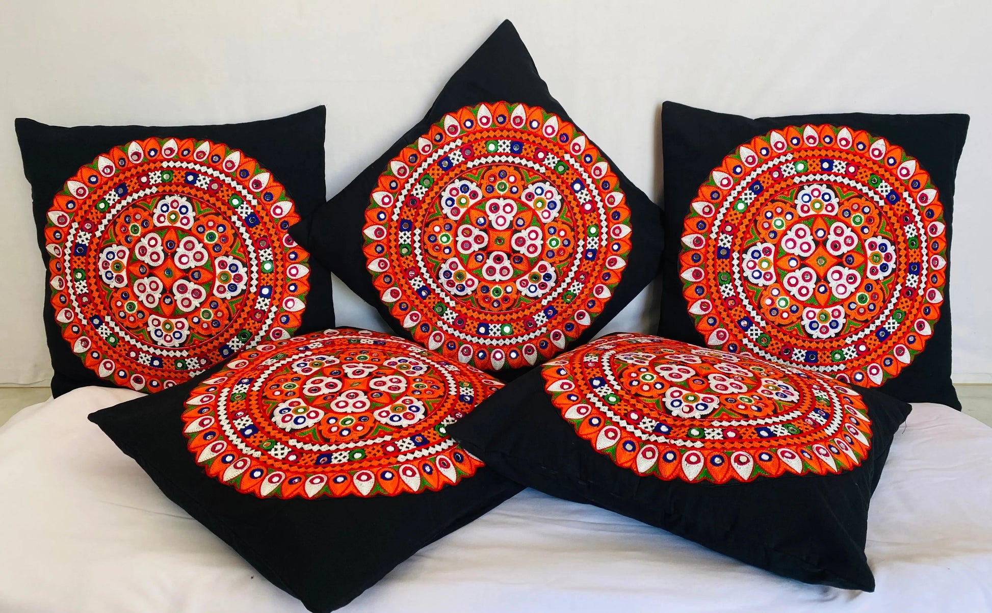 Black Round Kutchhi Embroidered Cushion Cover RAKHIYO