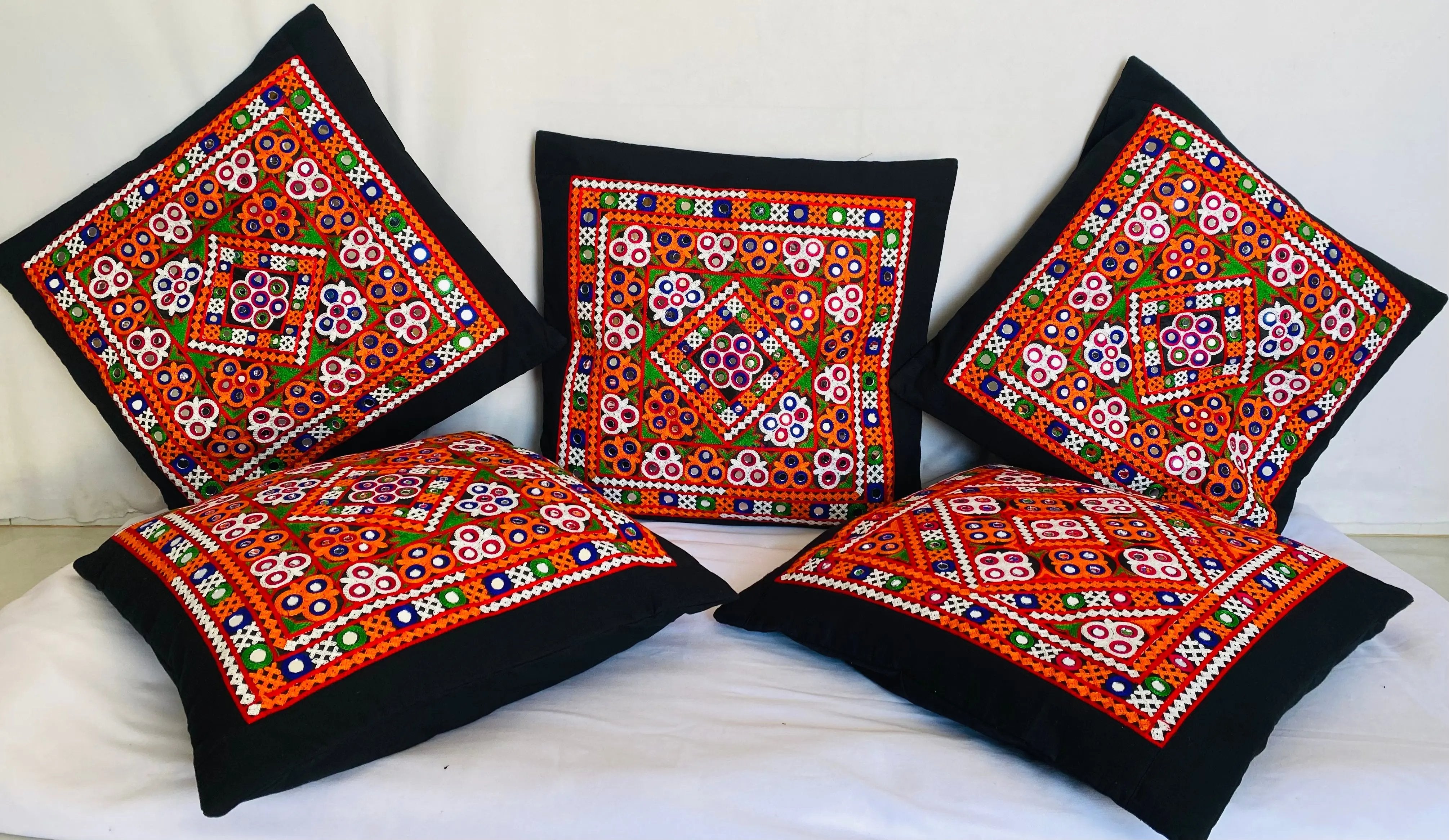 Black Square Kutchhi Embroidered Cushion Cover RAKHIYO