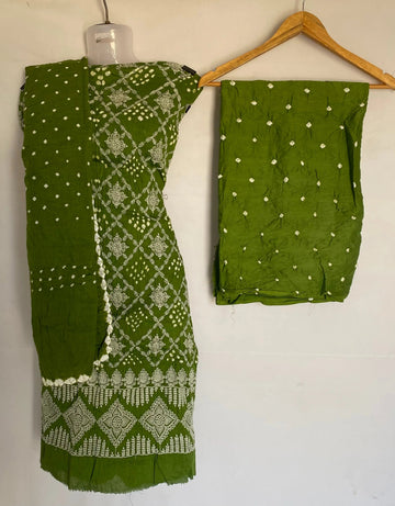 Parrot Green Lakhanavi Bandhani Cotton Satin Suit Material RAKHIYO