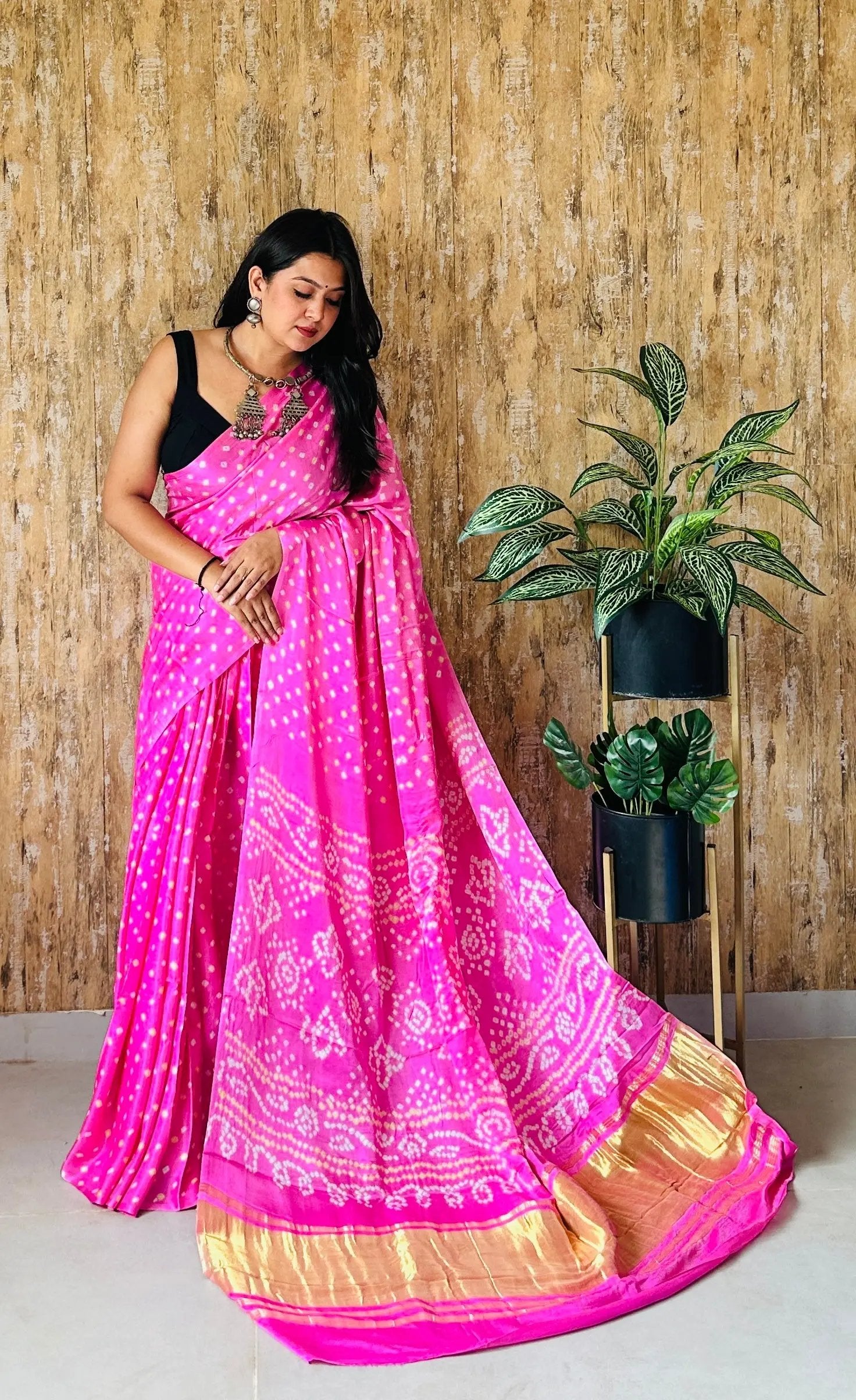 Pink Dana Bandhani Gaji Silk Saree RAKHIYO