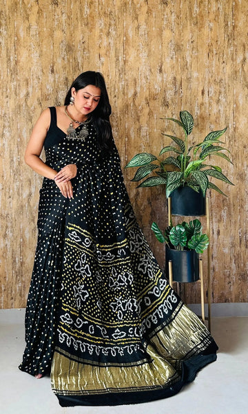 Black Dana Bandhani Gaji Silk Saree RAKHIYO