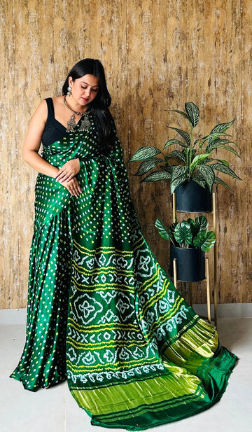 Bottle Green Dana Bandhani Gaji Silk Saree RAKHIYO