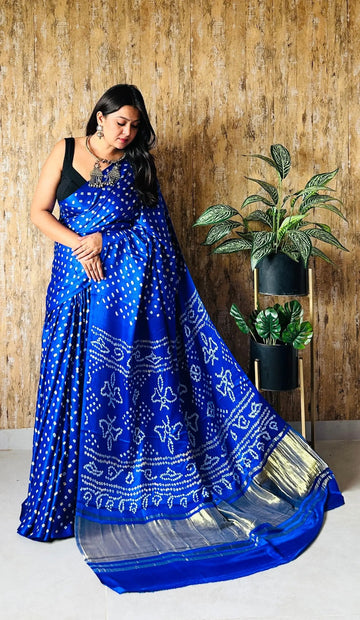 Royal Blue Dana Bandhani Gaji Silk Saree RAKHIYO