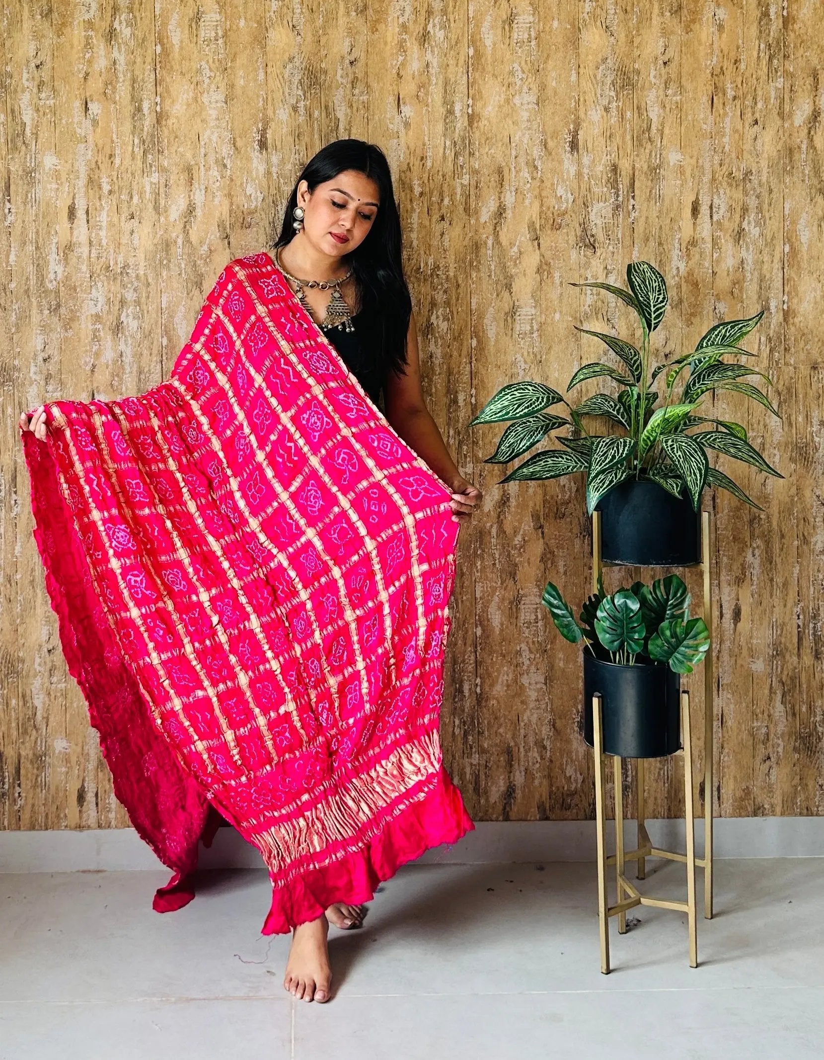 Pink Bandhej Garchola Check Gaji Silk Dupatta RAKHIYO