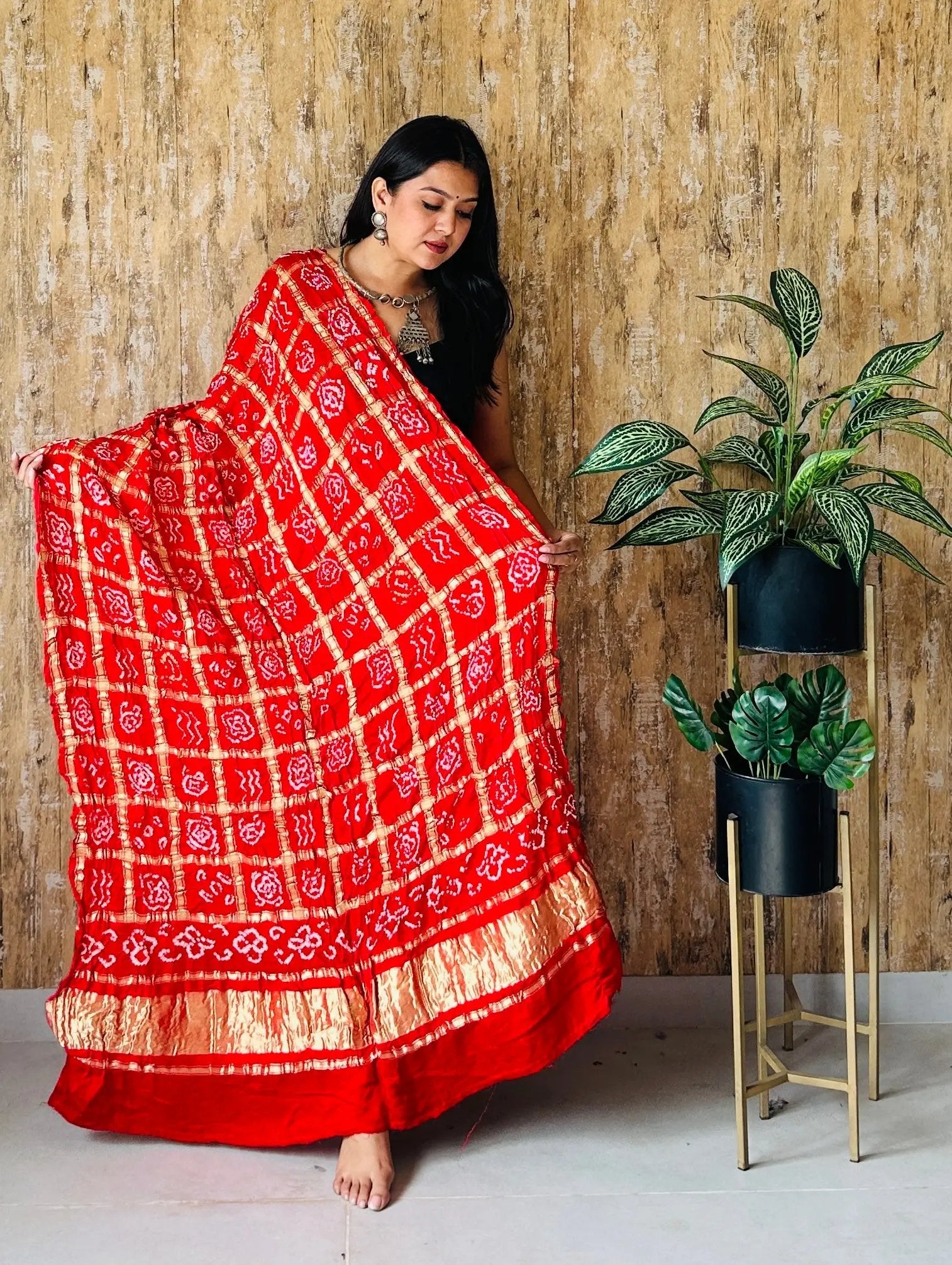 Red Bandhej Garchola Check Gaji Silk Dupatta RAKHIYO