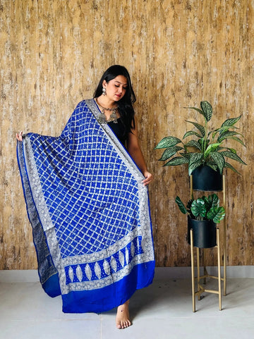 Royal Blue Bandhej Banarasi Crepe Dupatta RAKHIYO