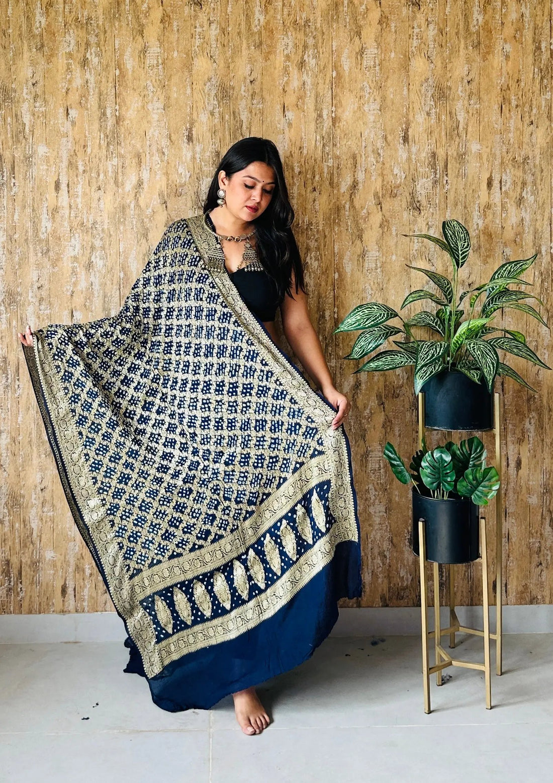 Navy Blue Bandhej Banarasi Crepe Dupatta RAKHIYO