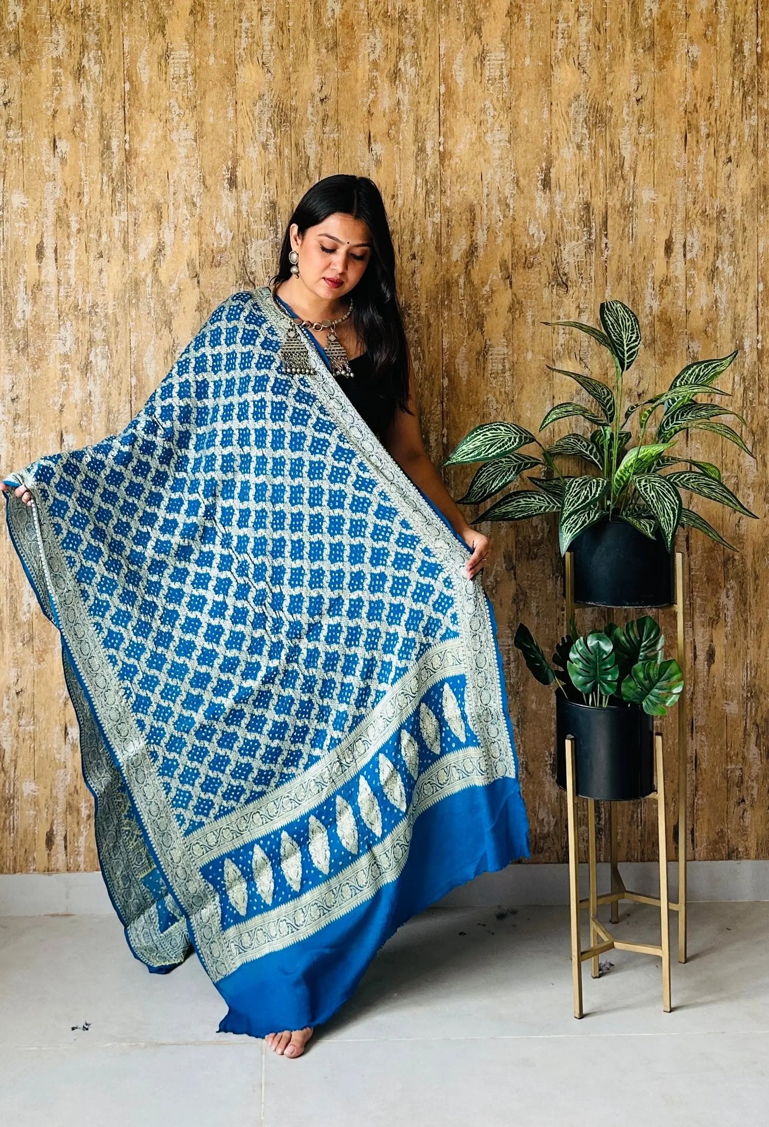 Teal Blue Bandhej Banarasi Crepe Dupatta RAKHIYO