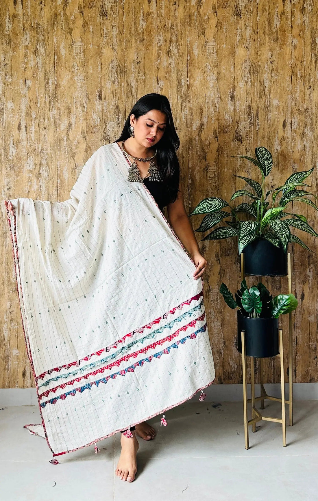 White Kantha Cotton Dupatta RAKHIYO