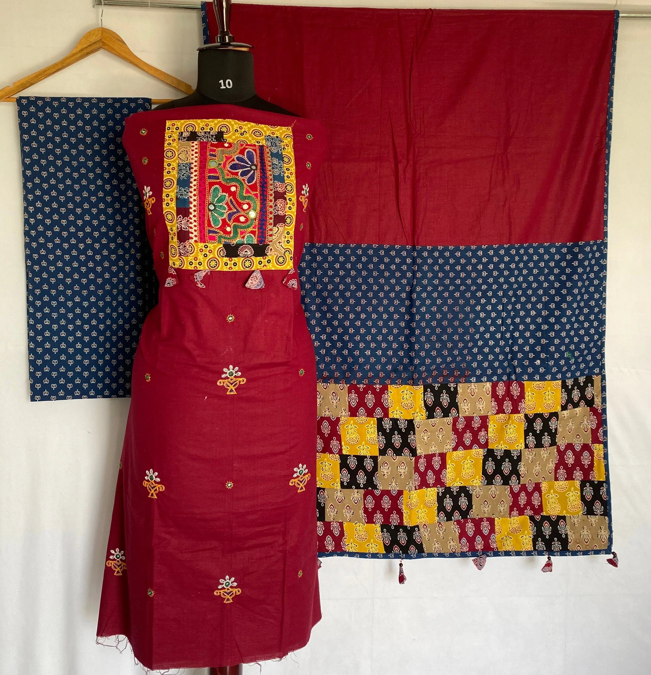 Maroon Ajarakh Antique Patchwork Cotton Suit Material RAKHIYO