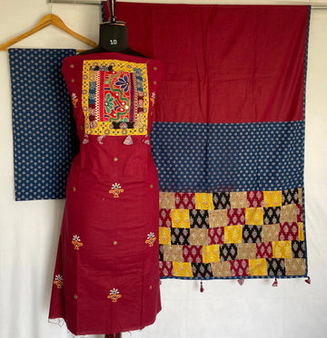 Maroon Ajarakh Antique Patchwork Cotton Suit Material RAKHIYO