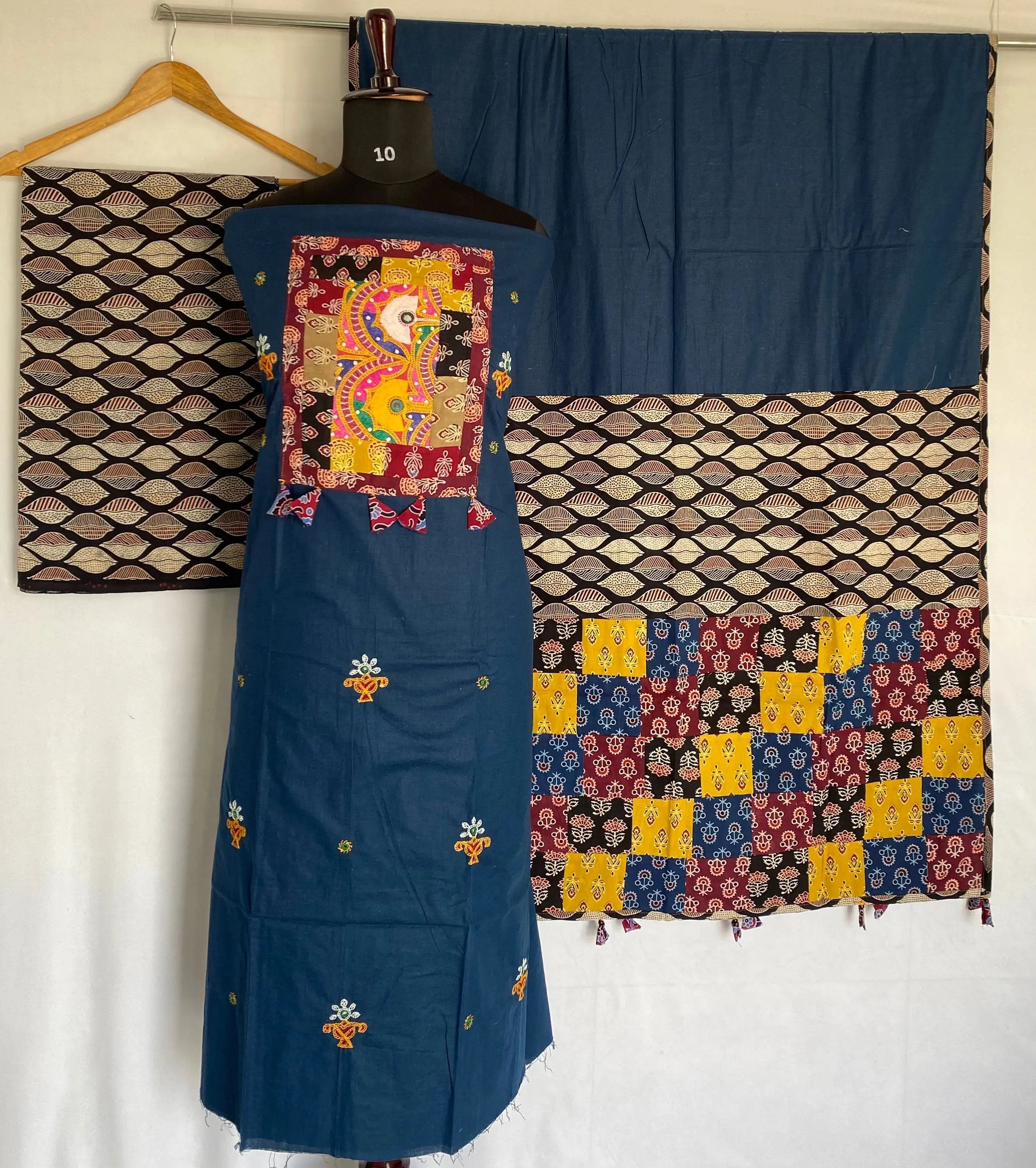 Blue Ajarakh Antique Patchwork Cotton Suit Material RAKHIYO