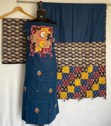 Blue Ajarakh Antique Patchwork Cotton Suit Material RAKHIYO