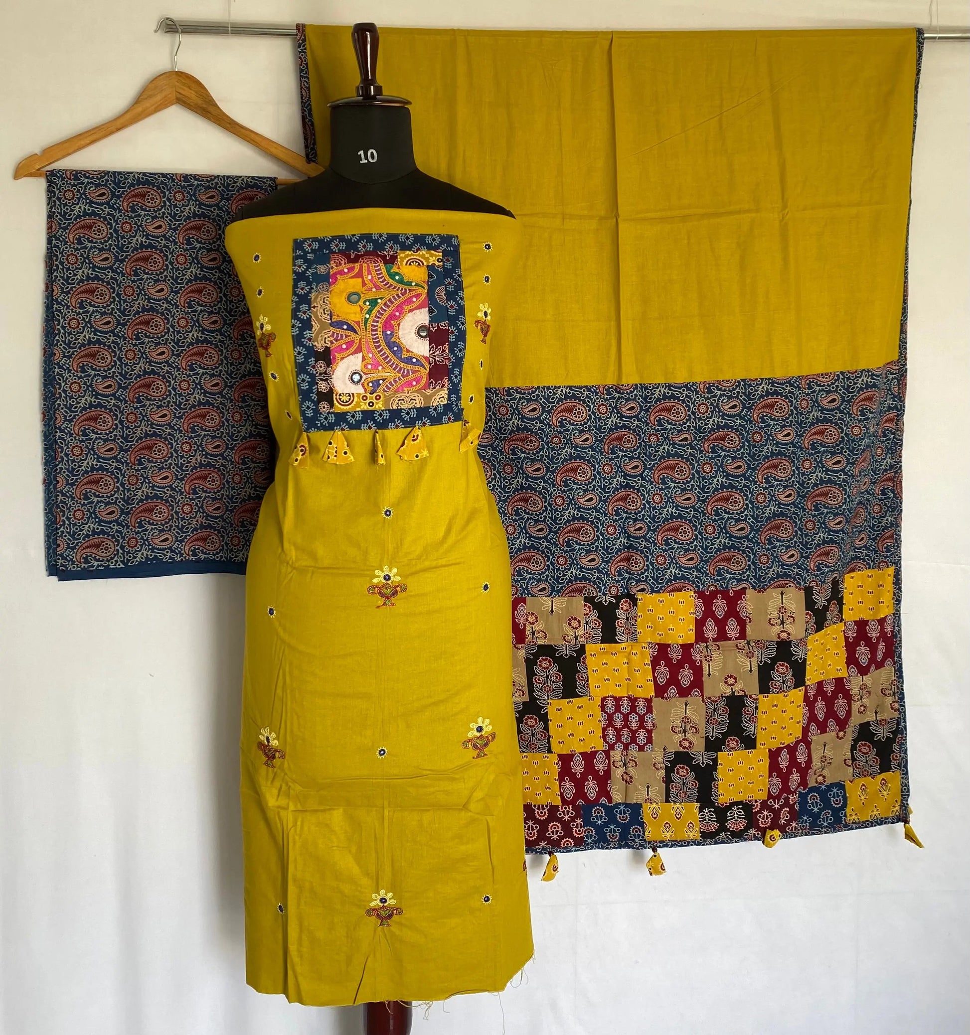 Mustard Ajarakh Antique Patchwork Cotton Suit Material RAKHIYO