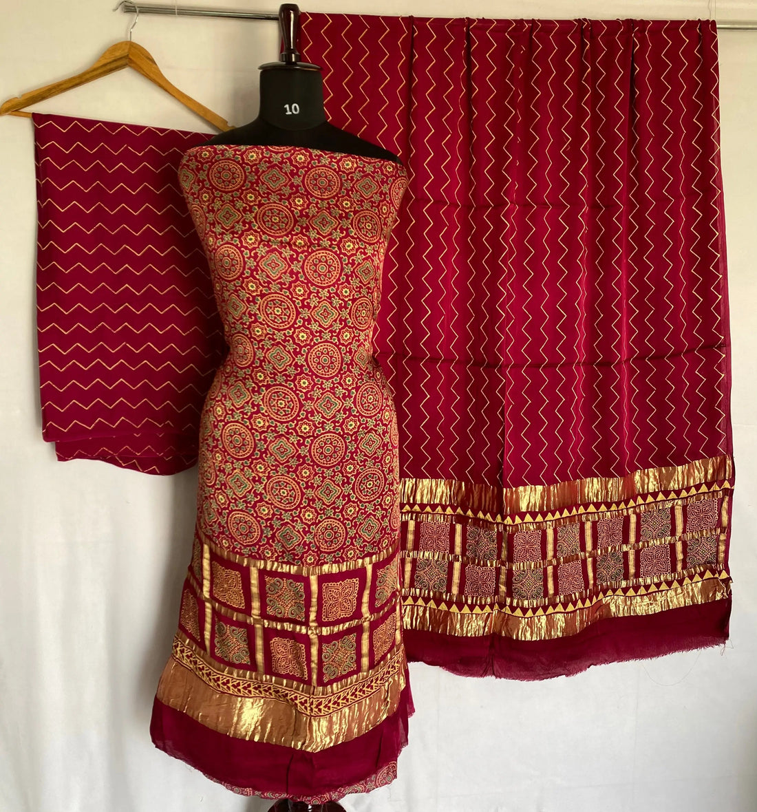 Wine Ajarakh Modal Discharge Check Suit Material RAKHIYO