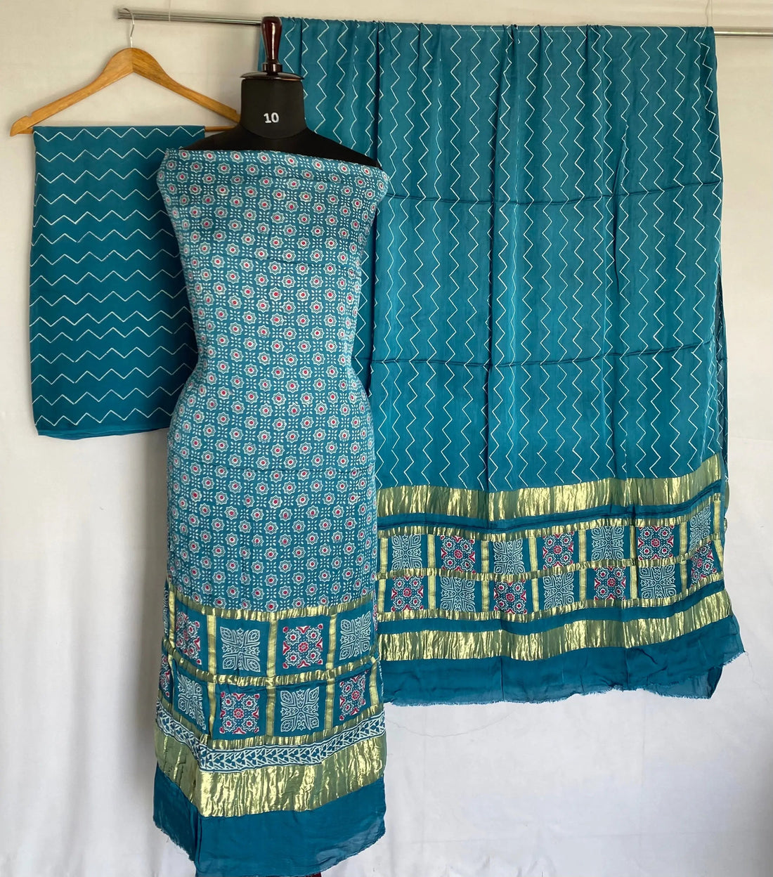 Sea Green Ajarakh Modal Discharge Check Suit Material RAKHIYO