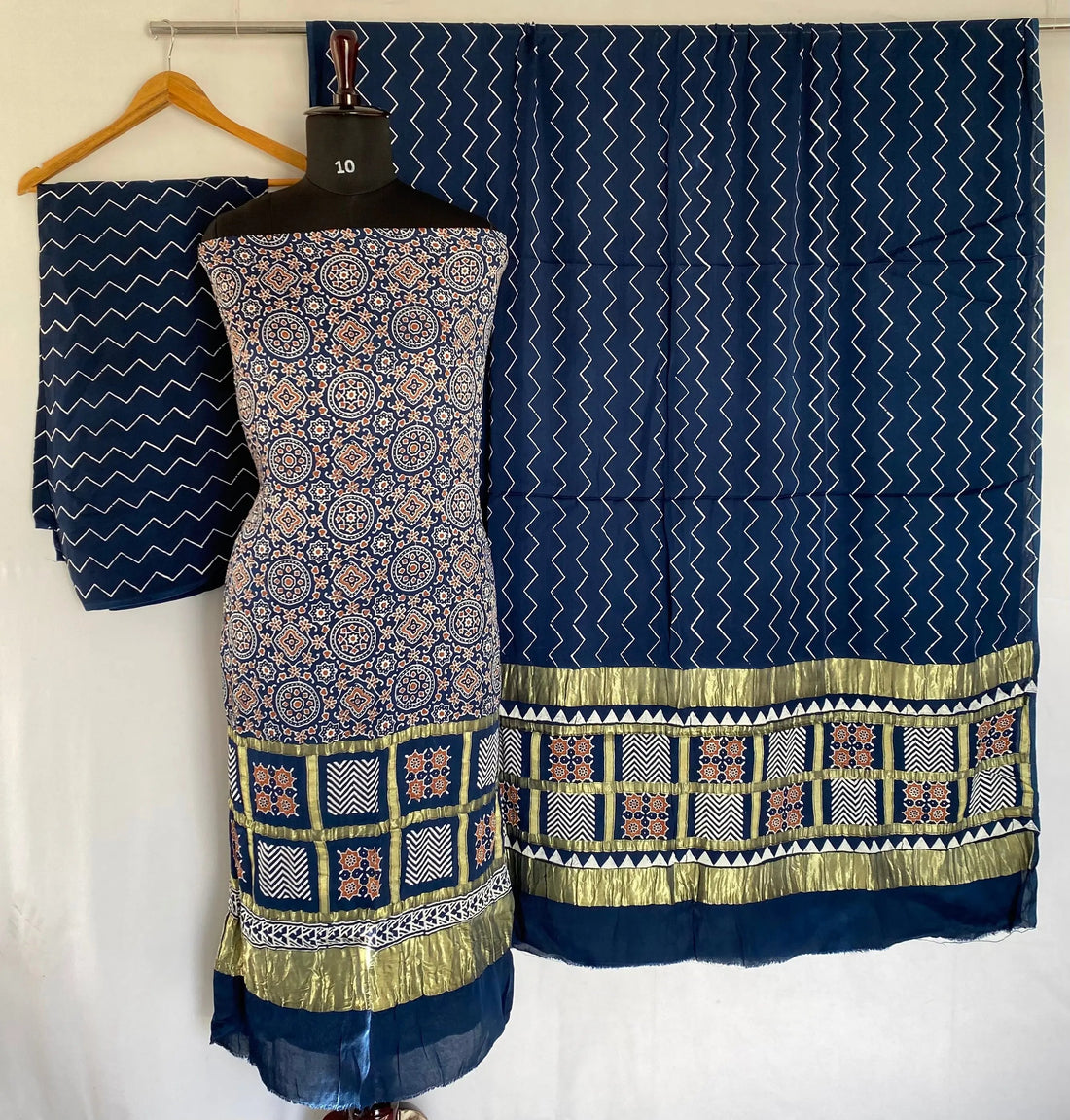 Blue Ajarakh Modal Discharge Check Suit Material RAKHIYO