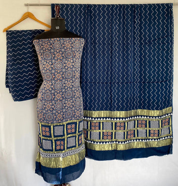 Blue Ajarakh Modal Discharge Check Suit Material RAKHIYO