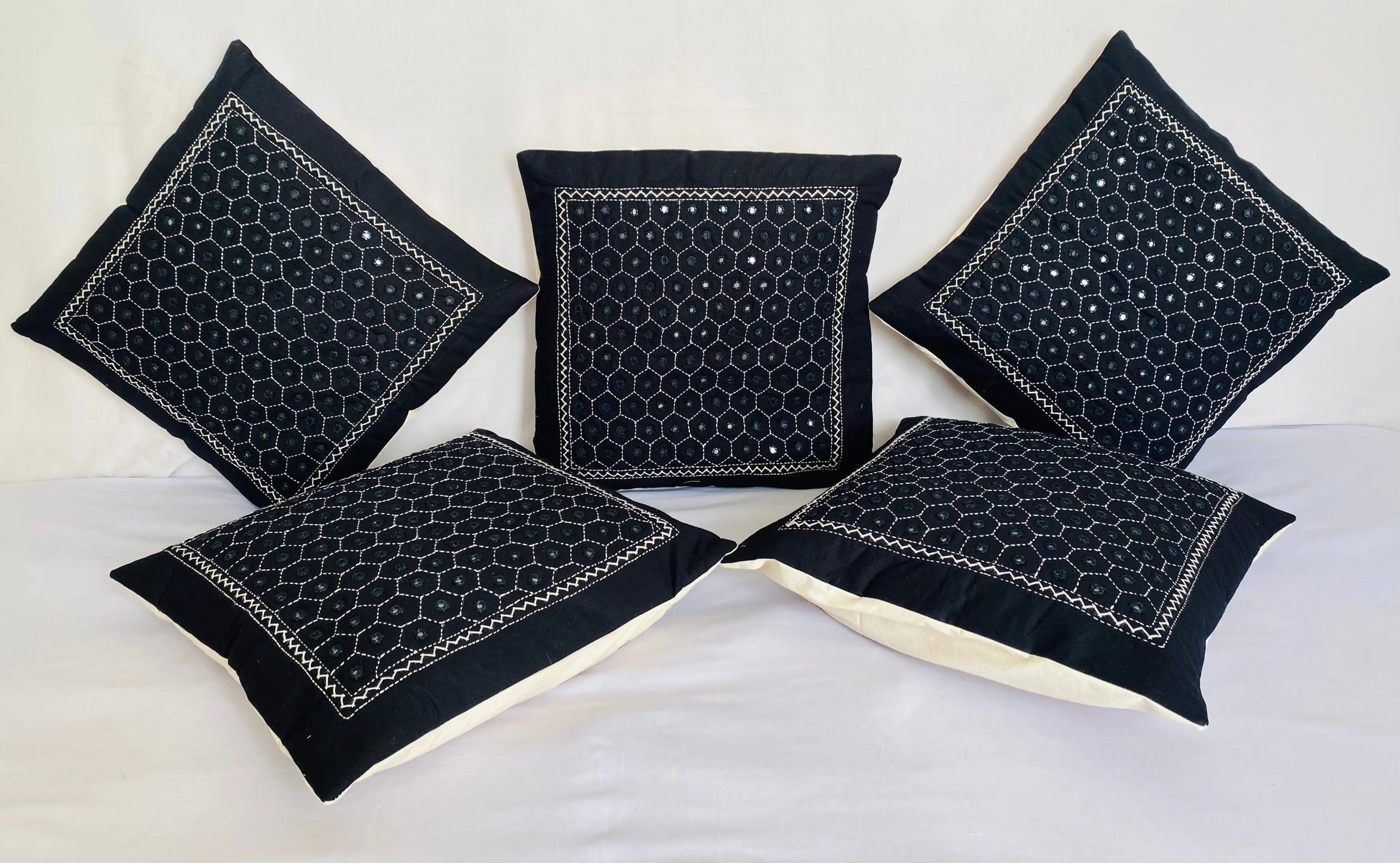 Black Cotton Mirrorwork Cushion Cover RAKHIYO