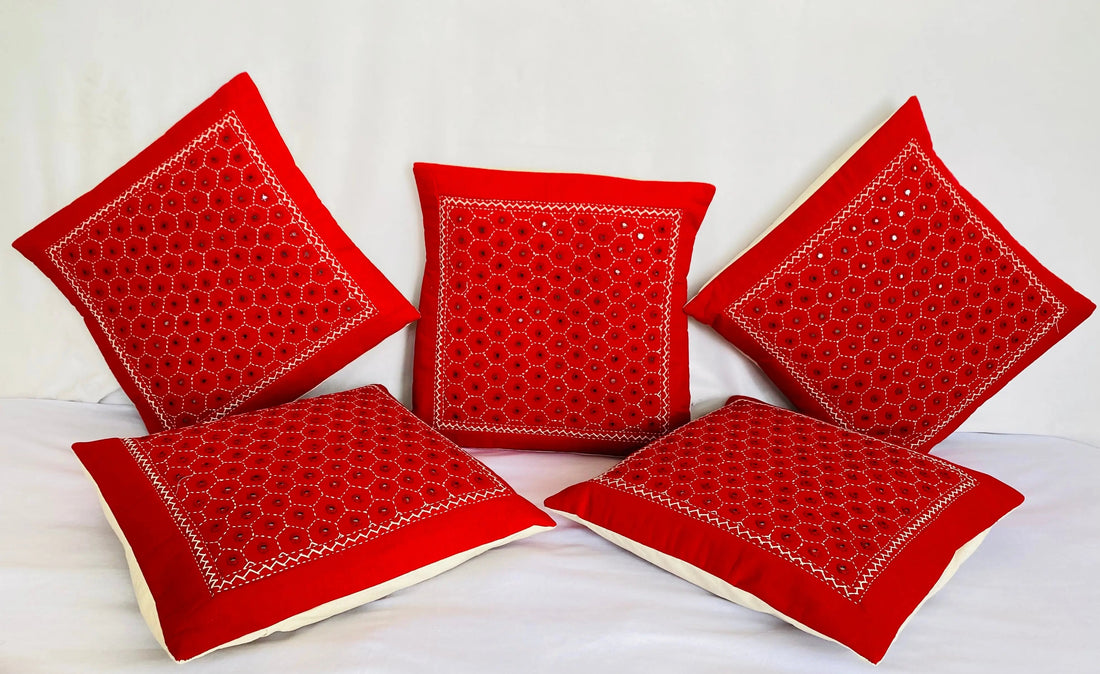 Red Cotton Mirrorwork Cushion Cover RAKHIYO