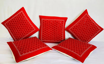 Red Cotton Mirrorwork Cushion Cover RAKHIYO