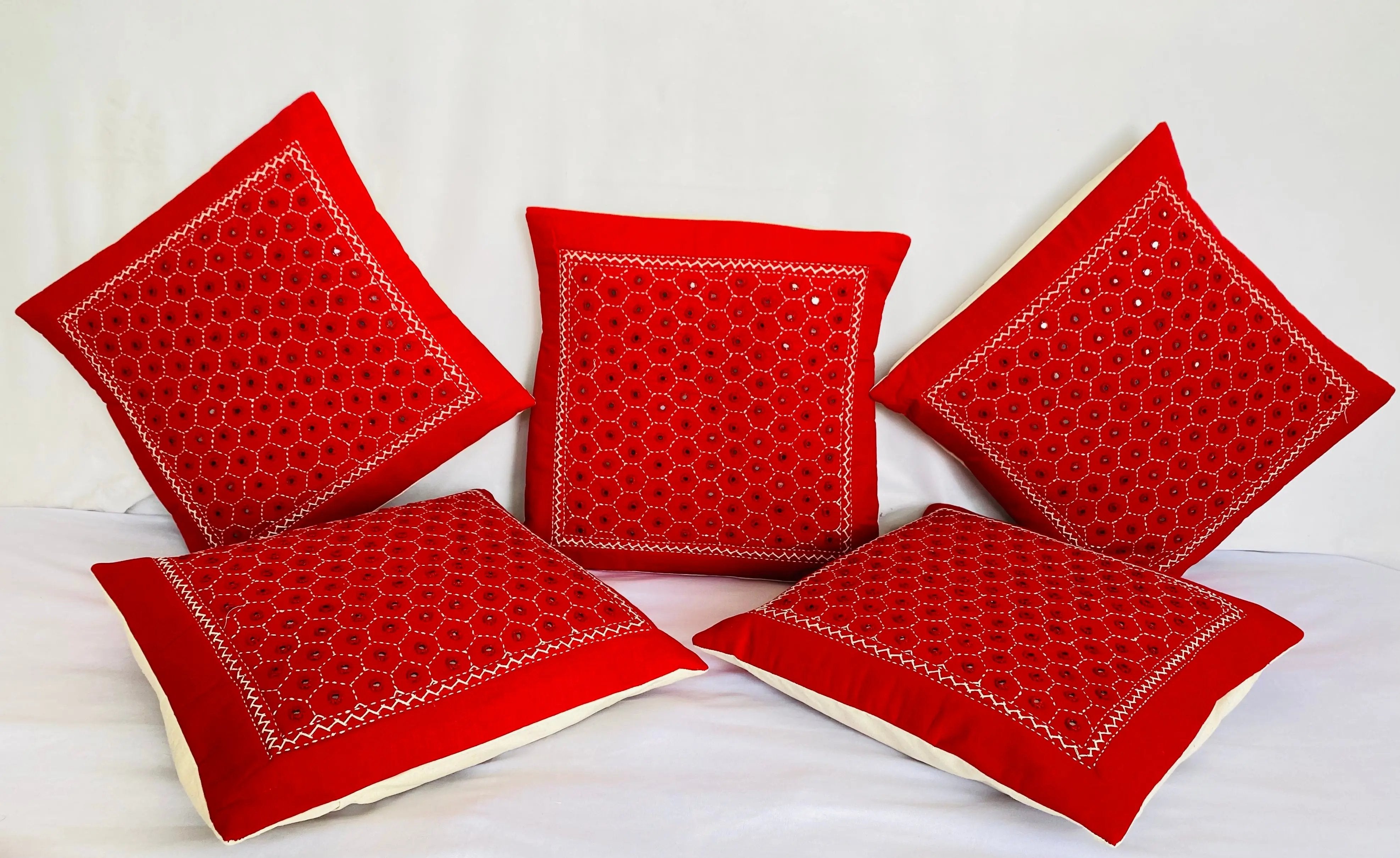 Red Cotton Mirrorwork Cushion Cover RAKHIYO