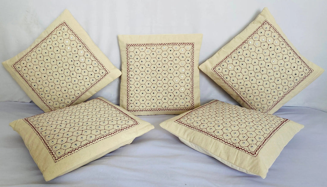 Off White Cotton Mirrorwork Cushion Cover RAKHIYO