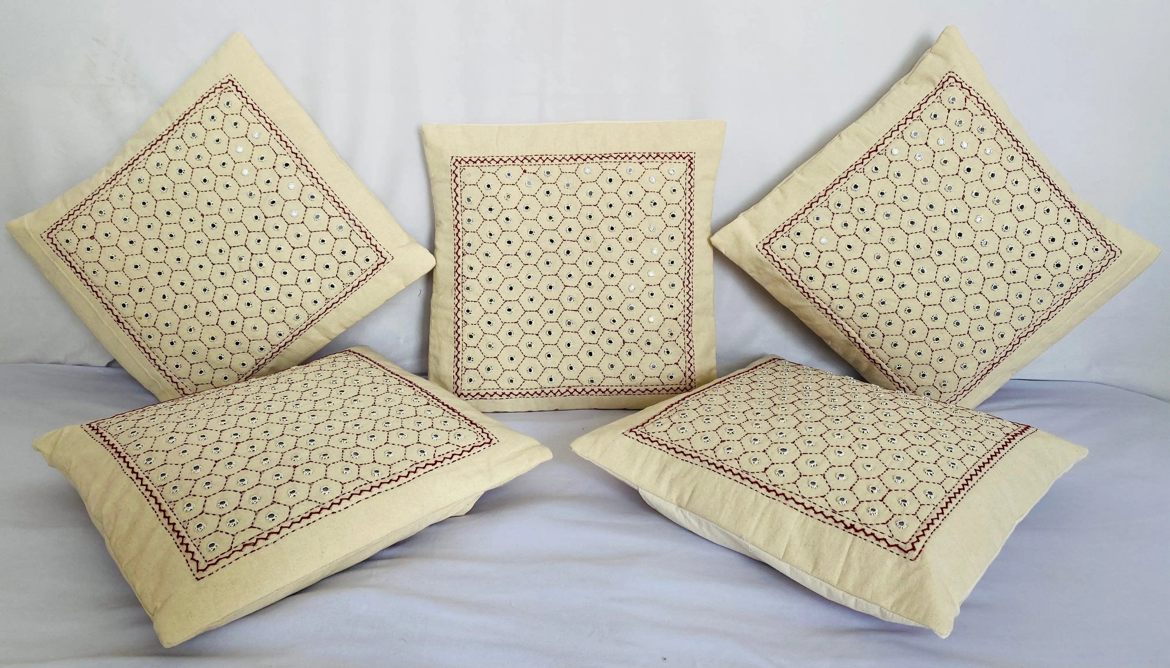Off White Cotton Mirrorwork Cushion Cover RAKHIYO