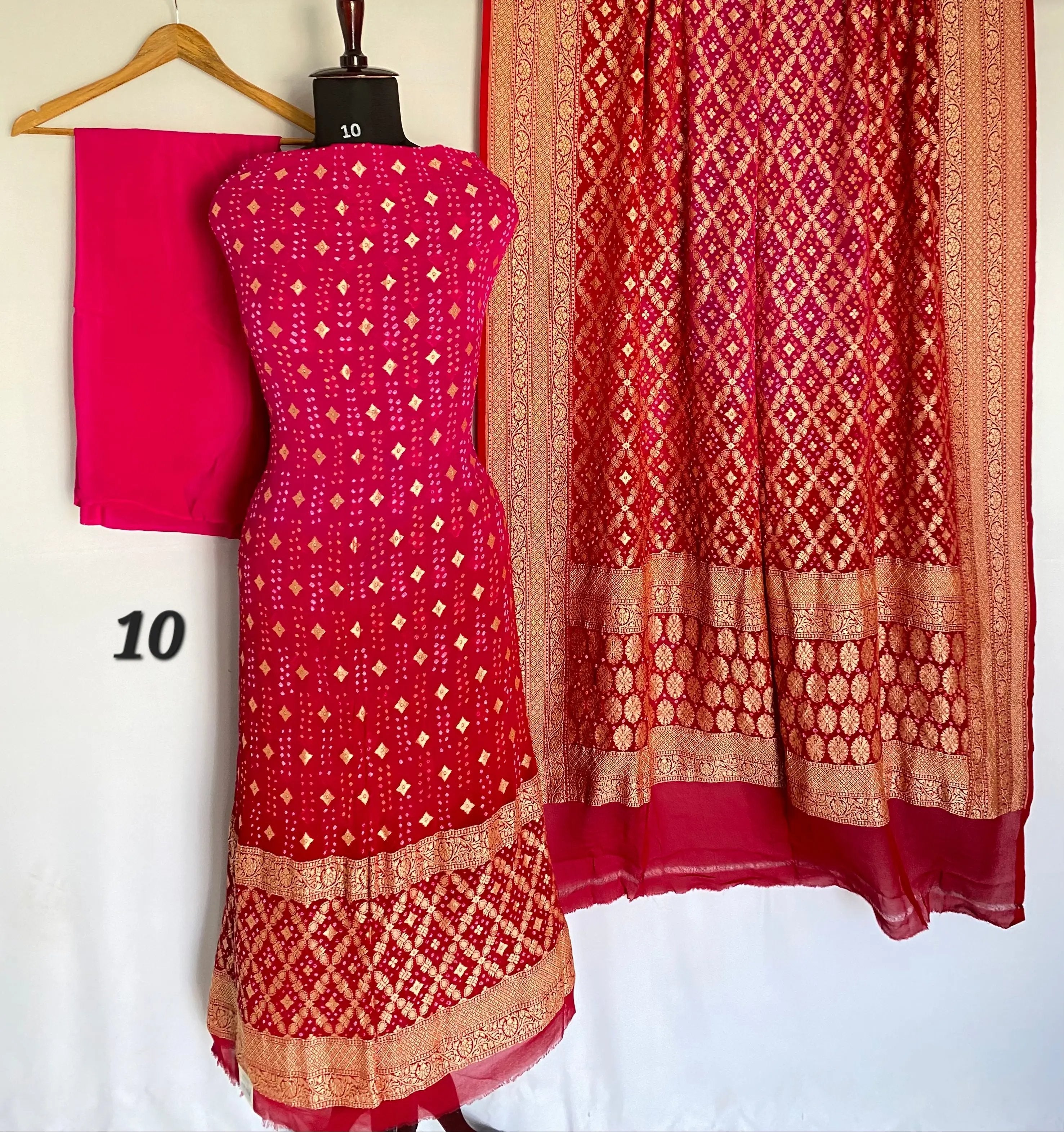Red & Pink Shading Banarasi-Bandhani Pure Georgett Suit Material RAKHIYO