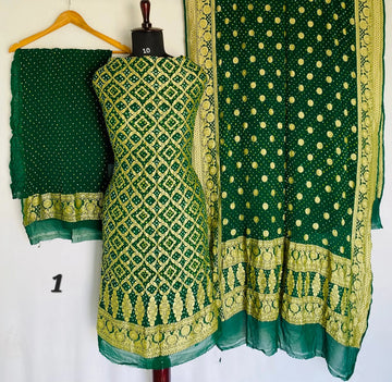 Bottle Green Banarasi-Bandhani Pure Georgett Suit Material RAKHIYO