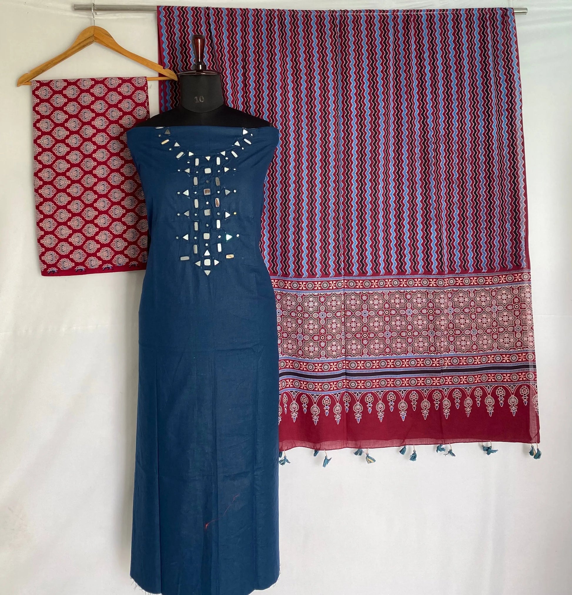 Navy Blue Ajarakh Mirror Cotton Suit Material RAKHIYO