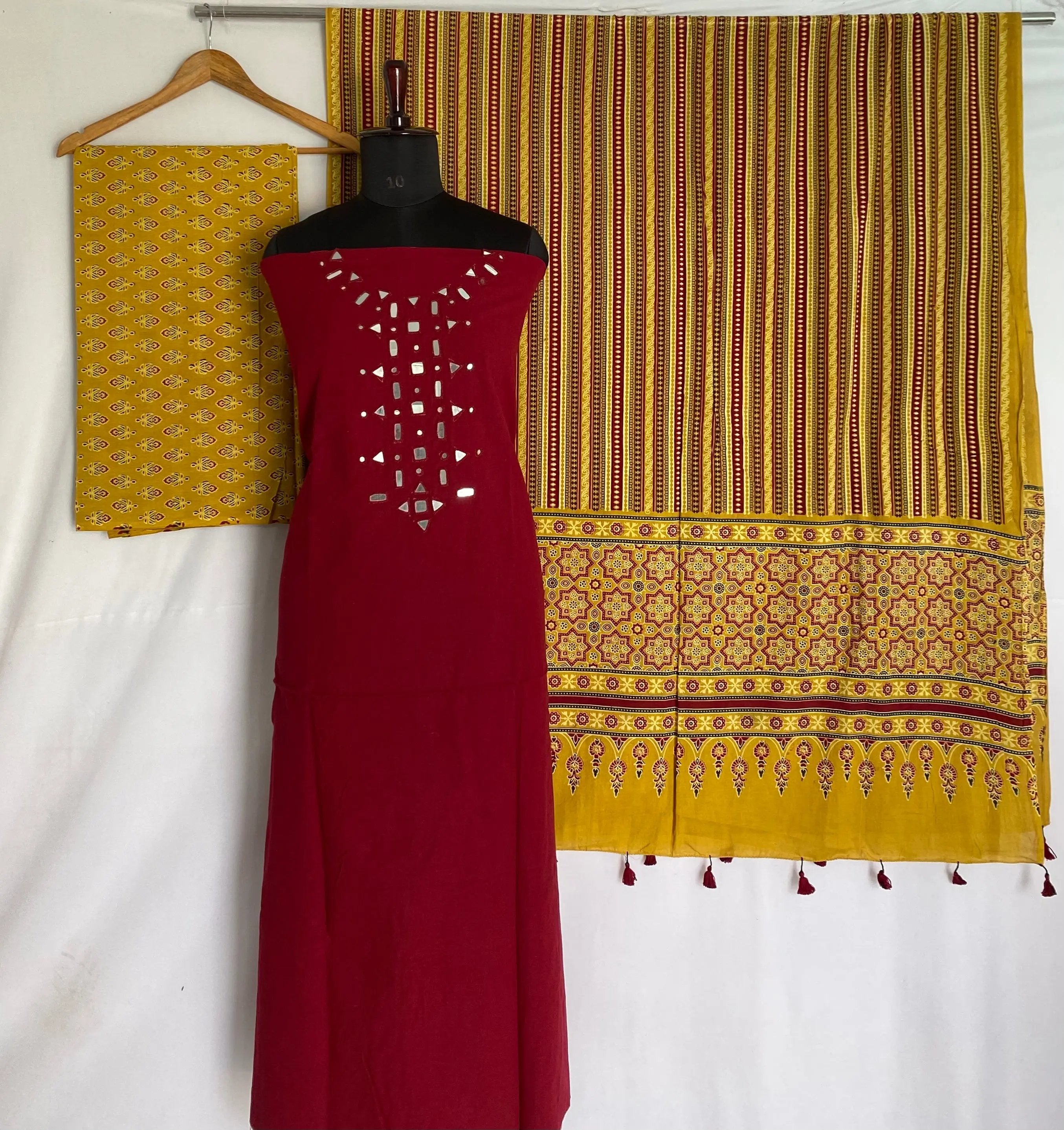 Maroon Ajarakh Mirror Cotton Suit Material RAKHIYO
