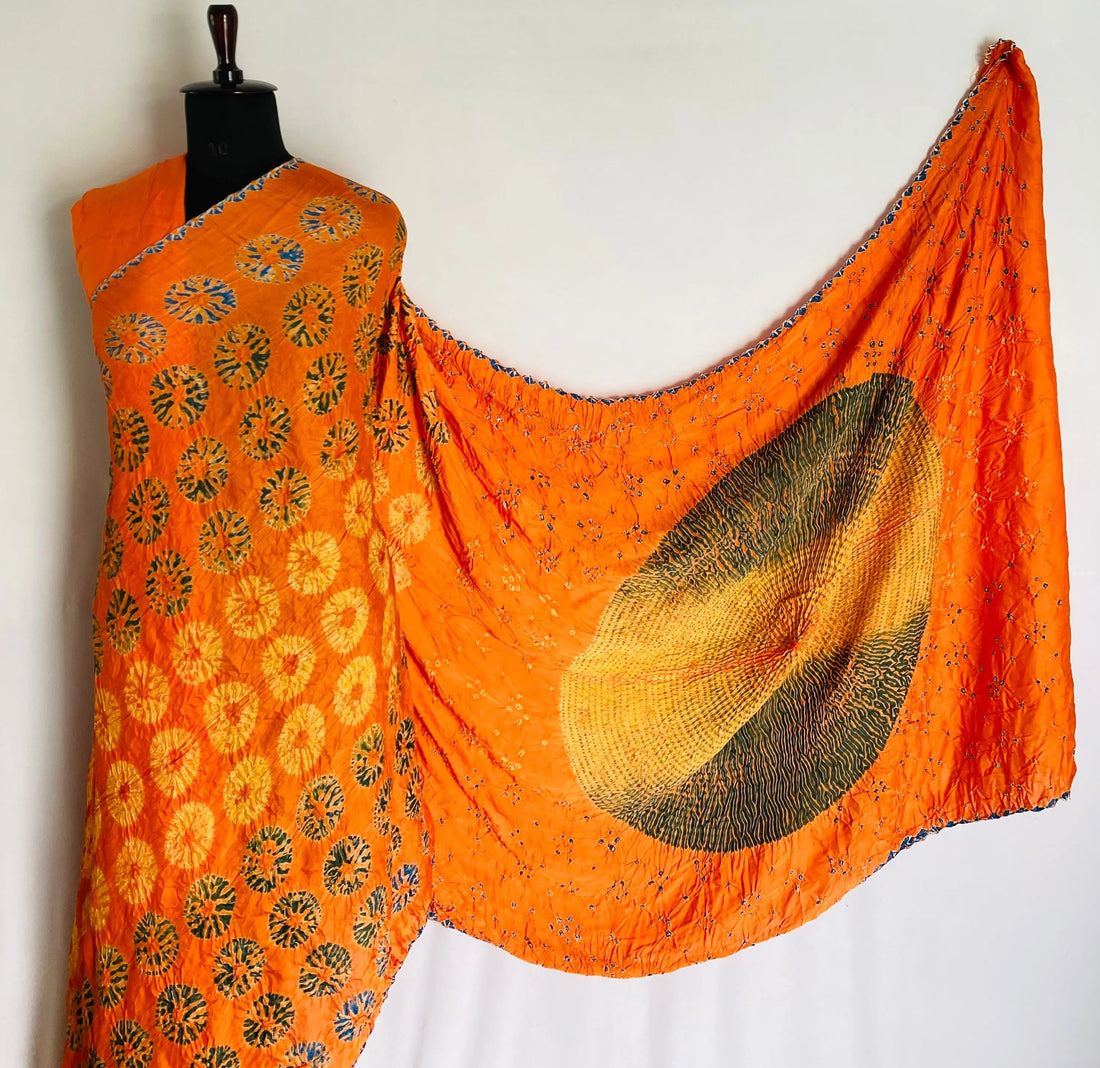 Light Orange Sibori Bandhani Gaji Silk Saree RAKHIYO