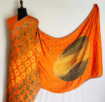 Light Orange Sibori Bandhani Gaji Silk Saree RAKHIYO