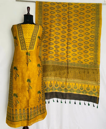 Mustard Ajarakh Chanderi 2 pcs Suit Material RAKHIYO
