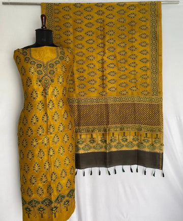 Mustard Ajarakh Chanderi 2 pcs Suit Material RAKHIYO