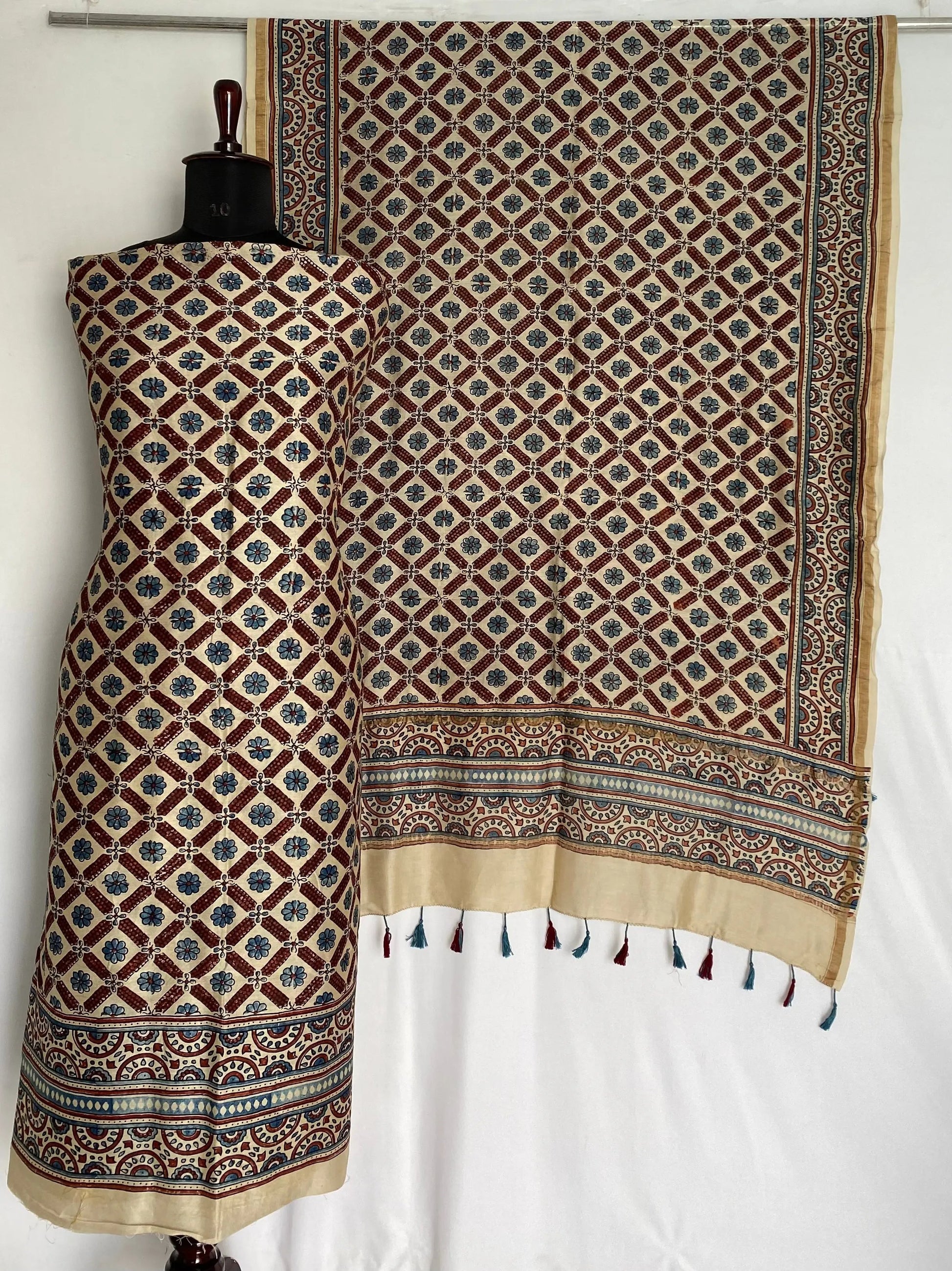 Off White Ajarakh Chanderi 2 pcs Suit Material RAKHIYO